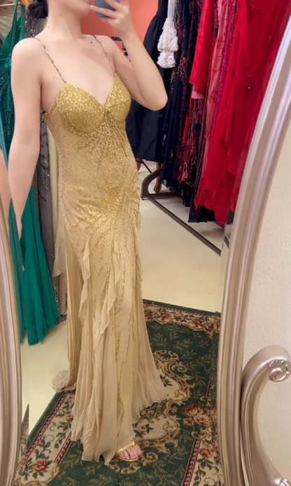 Gorgeous Spaghetti Straps Beaded Chiffon Mermaid Prom Dresses Vintage Evening Gowns ED02293