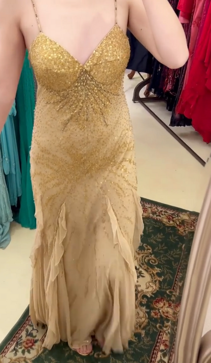 Gorgeous Spaghetti Straps Beaded Chiffon Mermaid Prom Dresses Vintage Evening Gowns ED02293