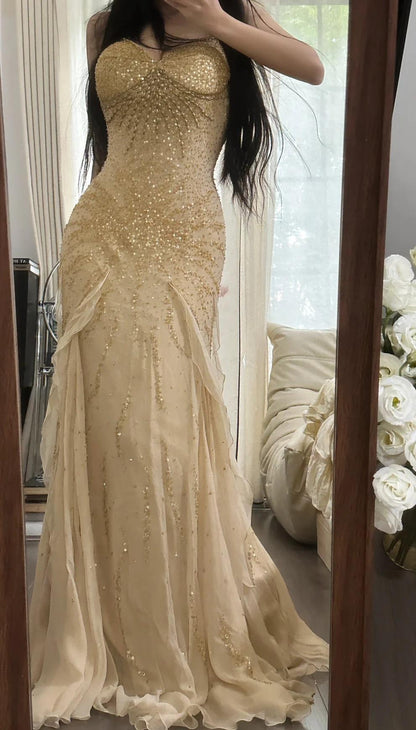 Gorgeous Spaghetti Straps Beaded Chiffon Mermaid Prom Dresses Vintage Evening Gowns ED02293