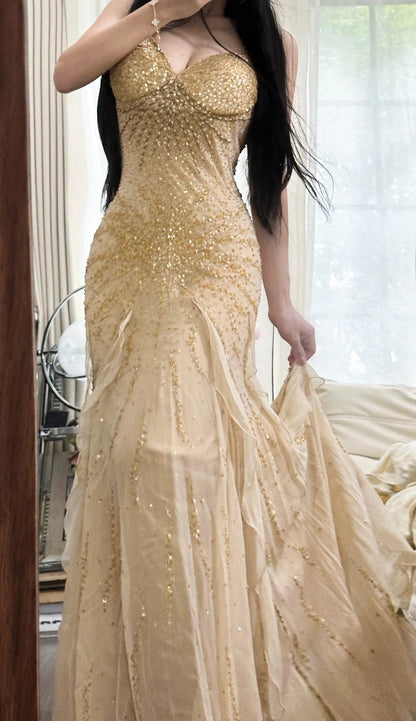 Gorgeous Spaghetti Straps Beaded Chiffon Mermaid Prom Dresses Vintage Evening Gowns ED02293
