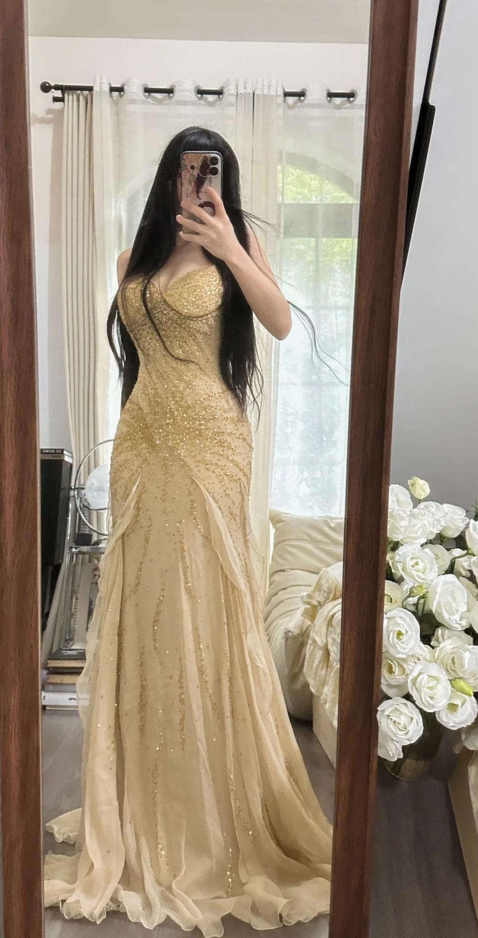 Spaghetti Straps Beaded Chiffon Mermaid Prom Dresses Vintage Evening Gowns HZ1024
