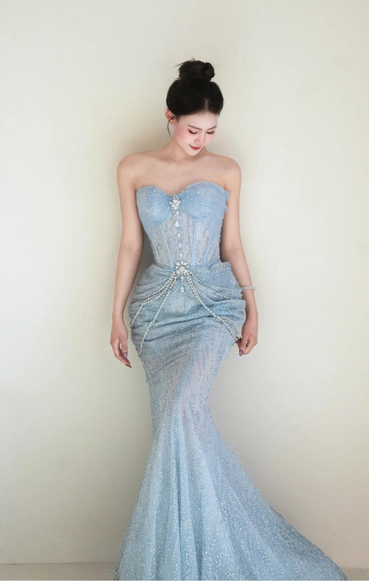 Light Blue Mermaid Sweetheart Neck Tulle Beaded Long Prom Dresses Sweet Formal Evening Dresses HZ1024