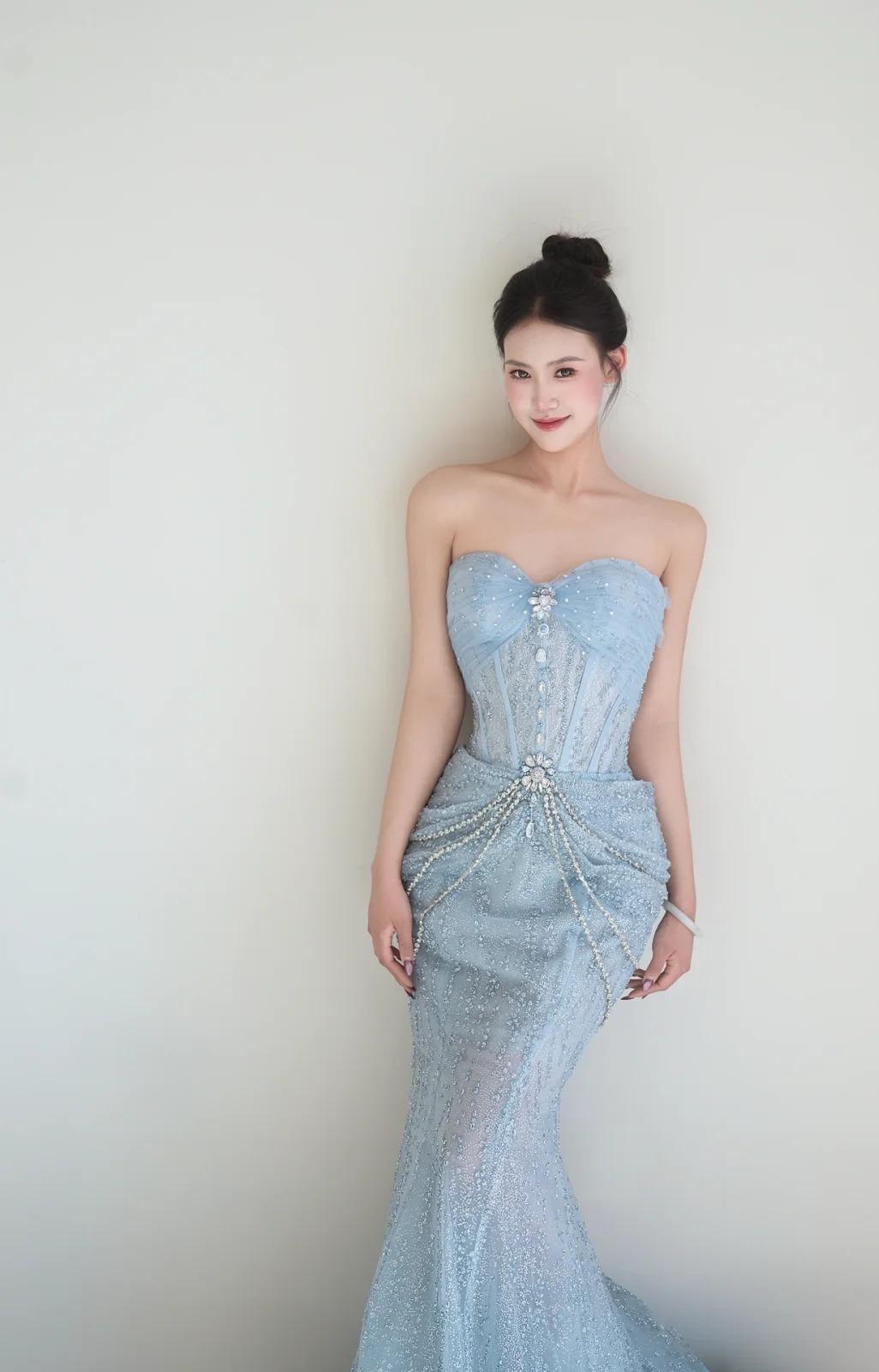 Light Blue Mermaid Sweetheart Neck Tulle Beaded Long Prom Dresses Sweet Formal Evening Dresses HZ1024