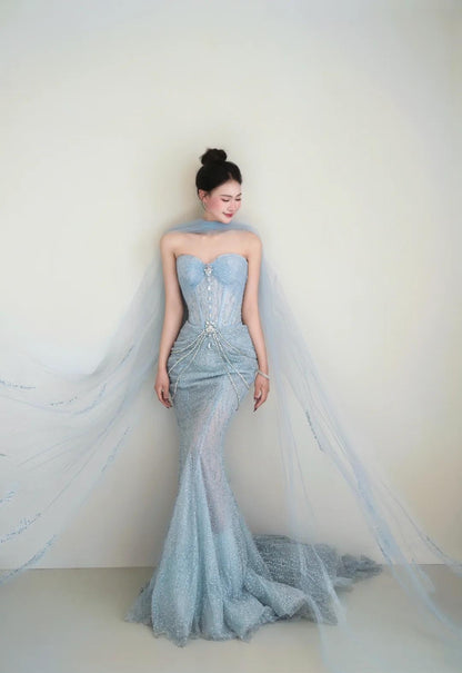 Light Blue Mermaid Sweetheart Neck Tulle Beaded Long Prom Dresses Sweet Formal Evening Dresses HZ1024