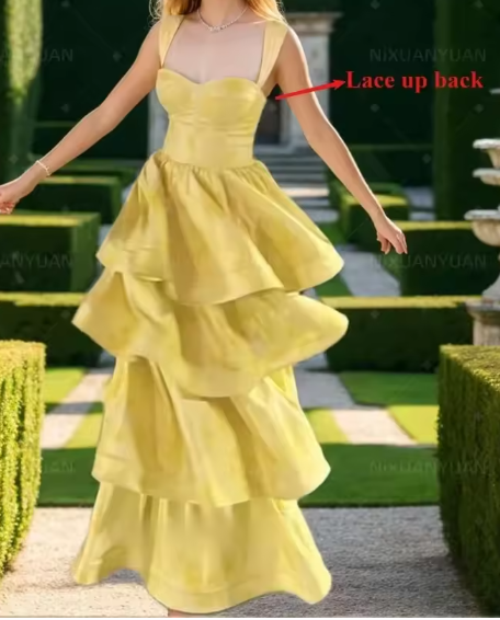 Butter Yellow Sweetheart Neck A-Line Jacquard Satin Layered Long Prom Dresses Formal Evening Dress HZ1024