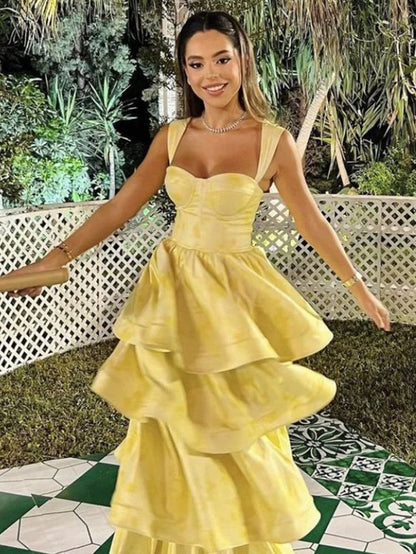 Butter Yellow Sweetheart Neck A-Line Jacquard Satin Layered Long Prom Dresses Formal Evening Dress HZ1024