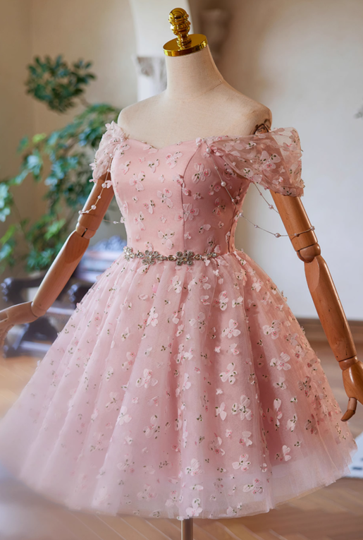 Off Shoulder Tulle Lace Pink Short Prom Dress, Pink Homecoming Dress HZ1024