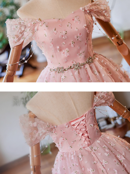 Off Shoulder Tulle Lace Pink Short Prom Dress, Pink Homecoming Dress HZ1024