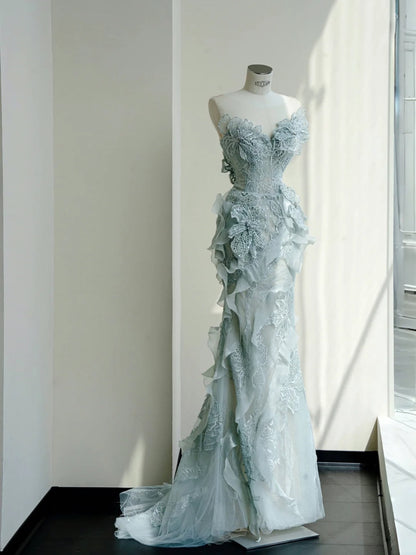 Sweetheart Neck Mermaid Tulle Sequins Elegant Long Prom Dresses Exquisite Embroidery Applique Train Wedding Dress  ED02301