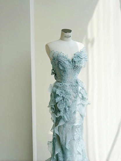 Neck Mermaid Tulle Sequins Elegant Long Prom Dresses Exquisite Embroidery Applique Train Wedding Dress HZ1024
