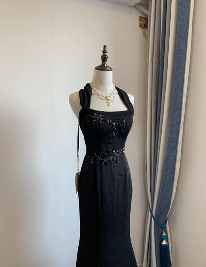 Elegant Black Square Neck Mermaid Beaded Long Prom Dresses Formal Evening Dress ED02303