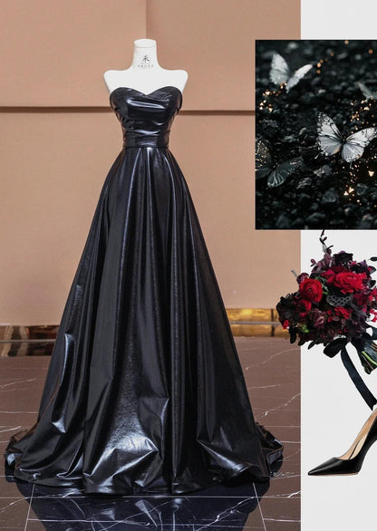 Black Sweetheart Neck A-Line Satin Long Prom Dresses Formal Evening Gowns HZ1024