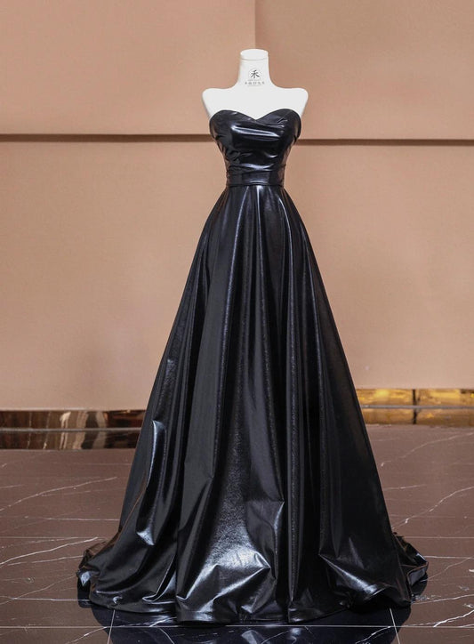 Black Sweetheart Neck A-Line Satin Long Prom Dresses Formal Evening Gowns HZ1024