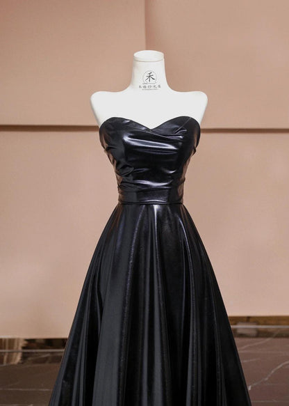 Black Sweetheart Neck A-Line Satin Long Prom Dresses Formal Evening Gowns HZ1024