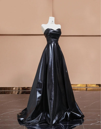 Black Sweetheart Neck A-Line Satin Long Prom Dresses Formal Evening Gowns HZ1024