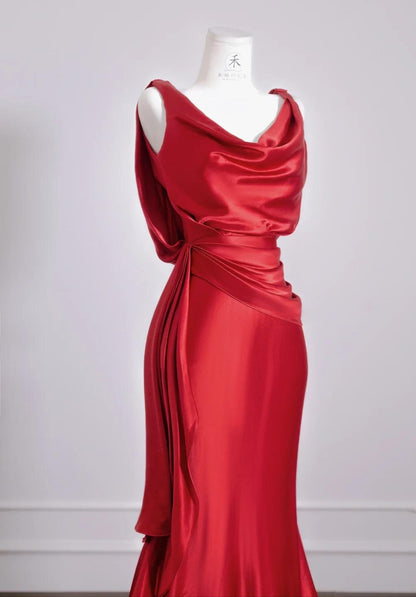 Red Satin Mermaid Open Back Long Prom Dresses Elegant Evening Gowns HZ1024