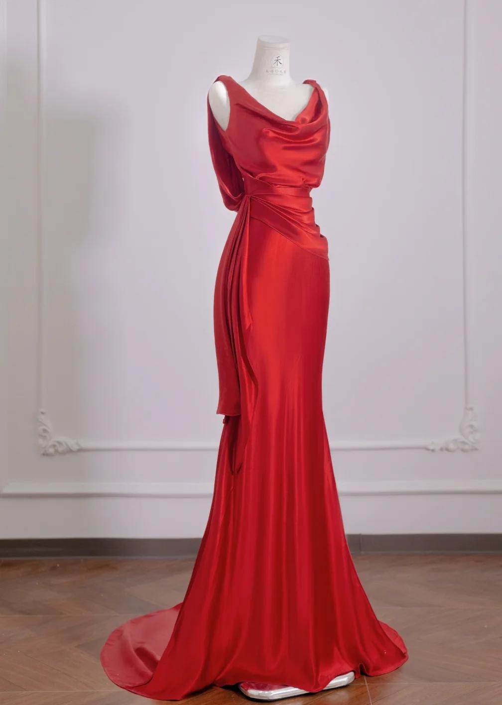 Red Satin Mermaid Open Back Long Prom Dresses Elegant Evening Gowns HZ1024
