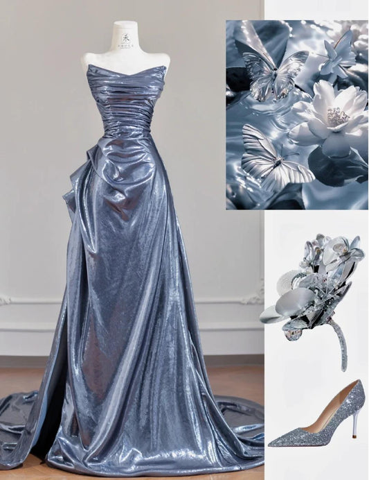 Unique Black Grey V-neck A-line Long Prom Dresses Formal Evening Gowns With Pleats ED02312