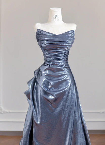 Unique Black Grey V-neck A-line Long Prom Dresses Formal Evening Gowns With Pleats ED02312