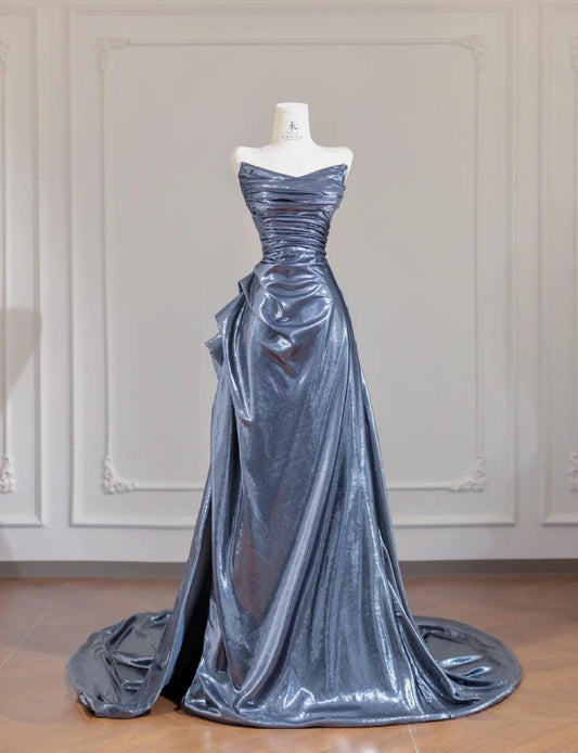 Unique Black Grey V-neck A-line Long Prom Dresses Formal Evening Gowns With Pleats ED02312