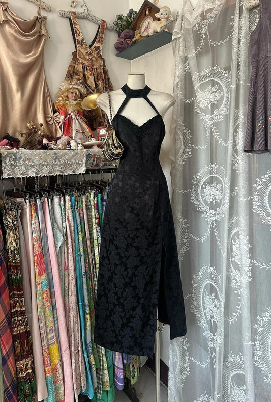 Black Halter Neck Jacquard Velvet A-Line Backless Party Dresses HZ1024