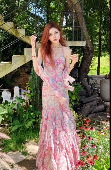 Pink Spaghetti Straps Printed Chiffon Mermaid Prom Dresses Vintage Backless Evening Gowns HZ1024