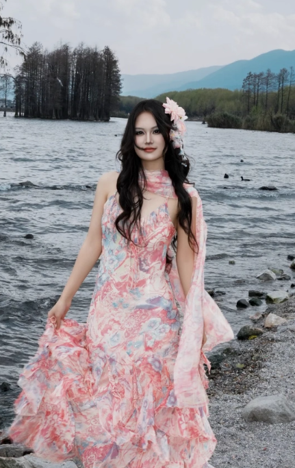 Fairytale Pink Spaghetti Straps Printed Chiffon Mermaid Prom Dresses  Vintage Backless Evening Gowns ED02320