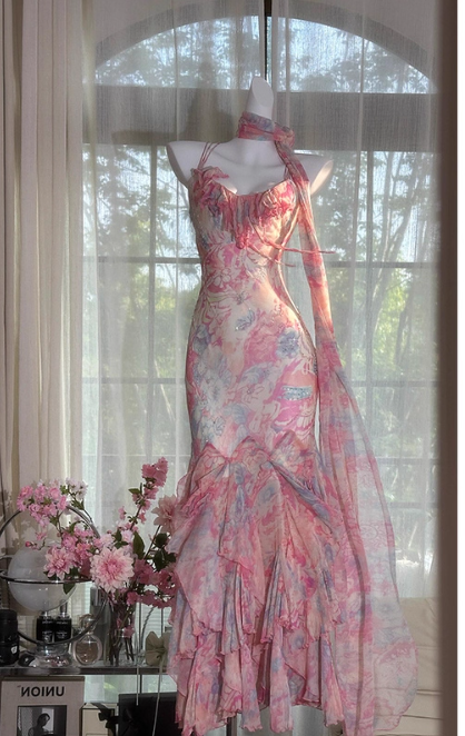 Fairytale Pink Spaghetti Straps Printed Chiffon Mermaid Prom Dresses  Vintage Backless Evening Gowns ED02320