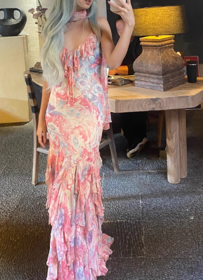 Fairytale Pink Spaghetti Straps Printed Chiffon Mermaid Prom Dresses  Vintage Backless Evening Gowns ED02320