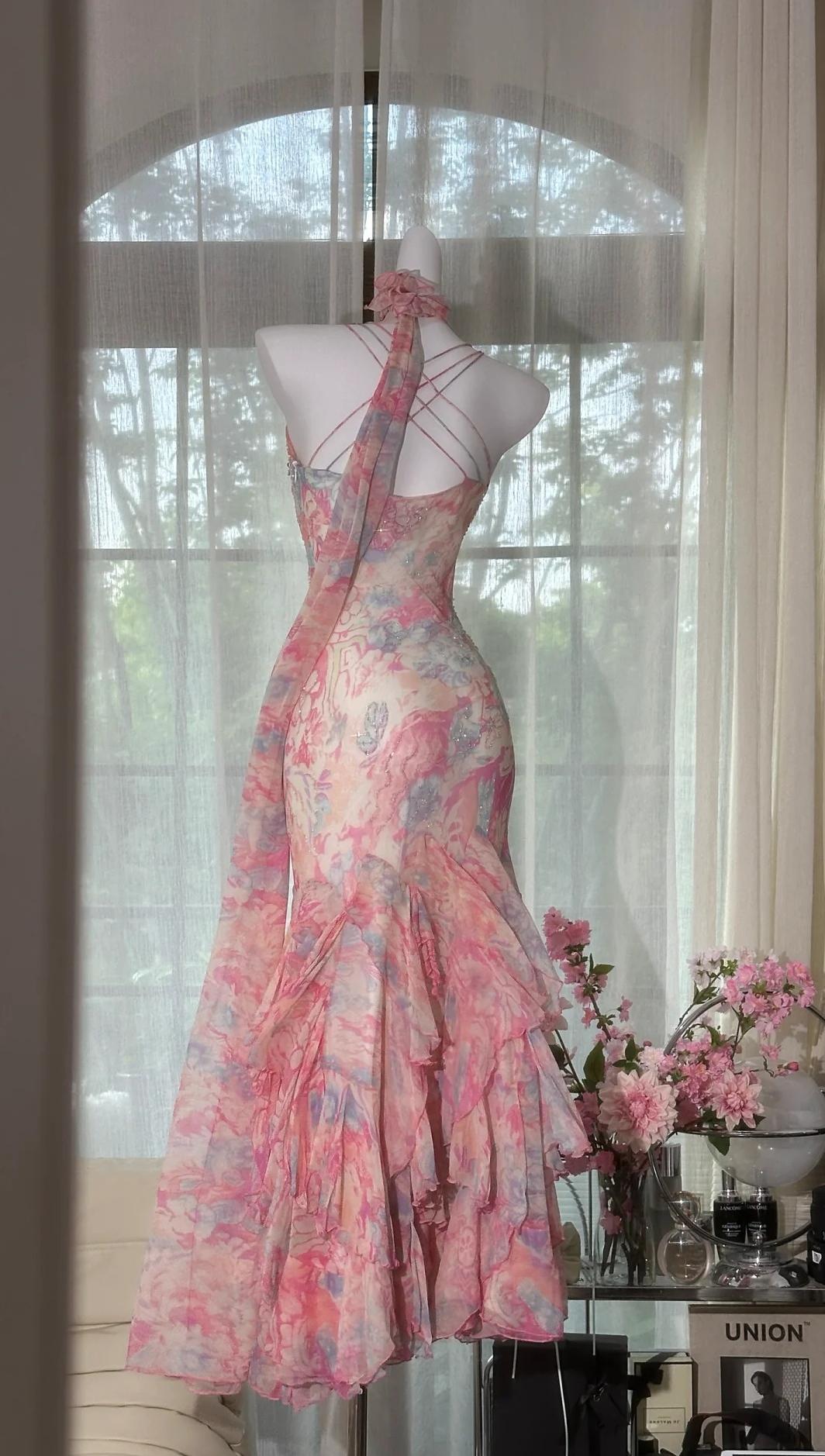 Fairytale Pink Spaghetti Straps Printed Chiffon Mermaid Prom Dresses  Vintage Backless Evening Gowns ED02320