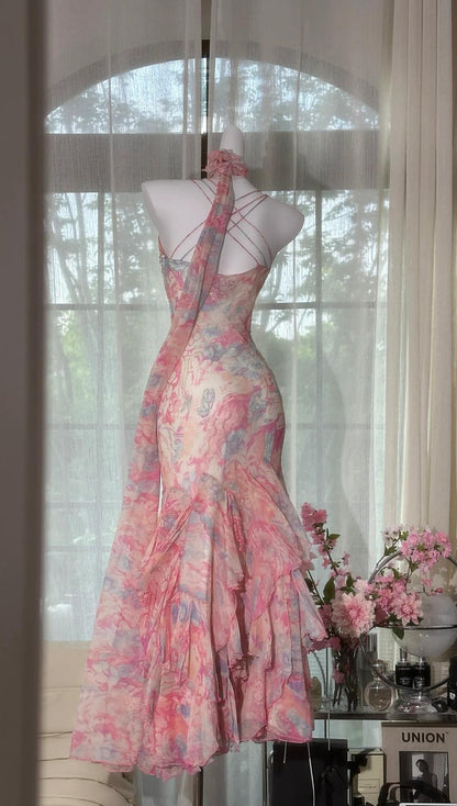 Fairytale Pink Spaghetti Straps Printed Chiffon Mermaid Prom Dresses  Vintage Backless Evening Gowns ED02320