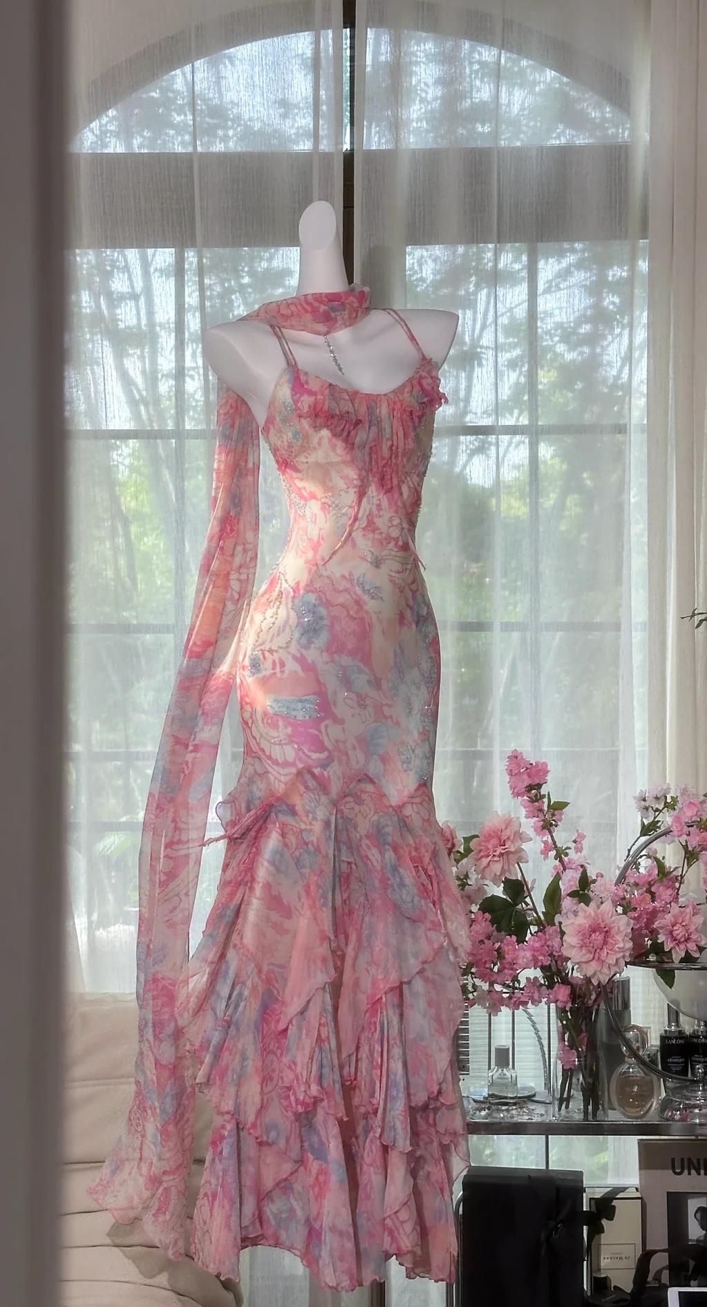 Fairytale Pink Spaghetti Straps Printed Chiffon Mermaid Prom Dresses  Vintage Backless Evening Gowns ED02320