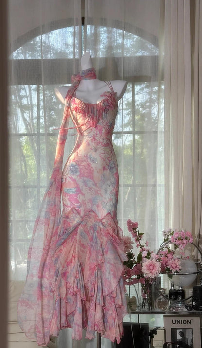 Pink Spaghetti Straps Printed Chiffon Mermaid Prom Dresses Vintage Backless Evening Gowns HZ1024
