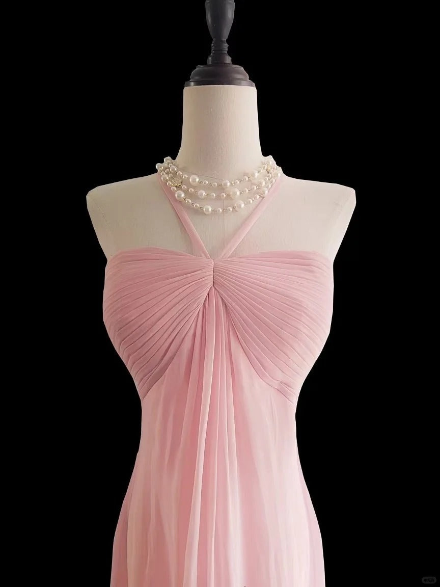 Sweet Pink Halter Neck Chiffon Mermaid Long Prom Dresses Formal Evening Gowns ED02321