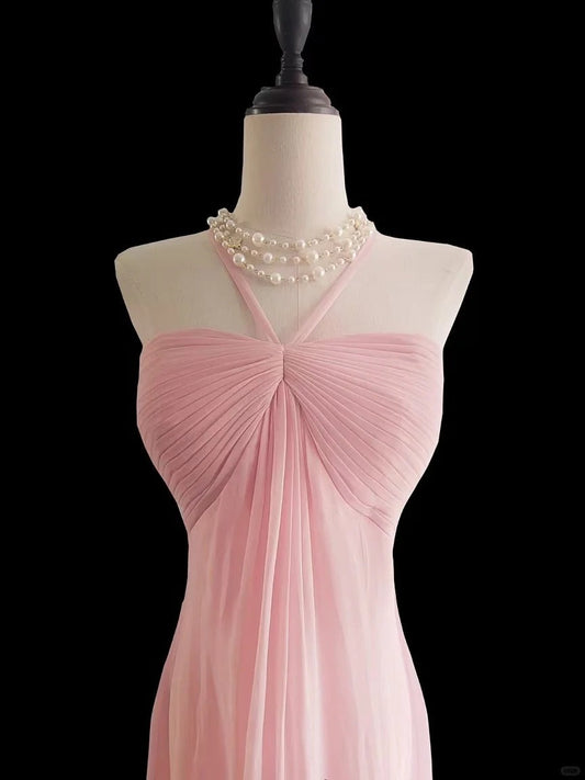 Sweet Pink Halter Neck Chiffon Mermaid Long Prom Dresses Formal Evening Gowns ED02321