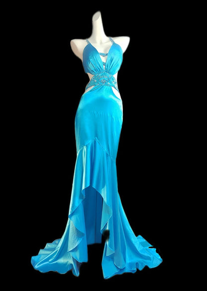 Vintage Blue Spaghetti Straps Hi-Lo Backless Satin Beaded Prom Dresses Elegant Evening Dress ED02323