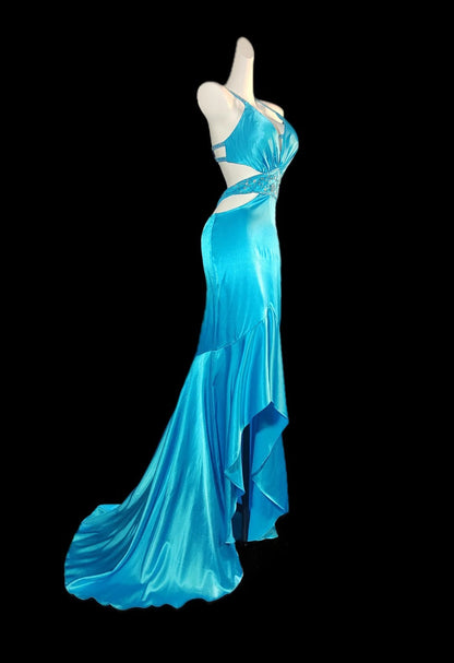 Blue Spaghetti Straps Hi-Lo Backless Satin Beaded Prom Dresses Elegant Evening Dress HZ1024