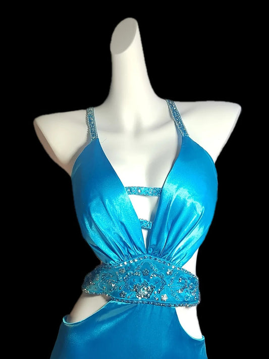 Vintage Blue Spaghetti Straps Hi-Lo Backless Satin Beaded Prom Dresses Elegant Evening Dress ED02323