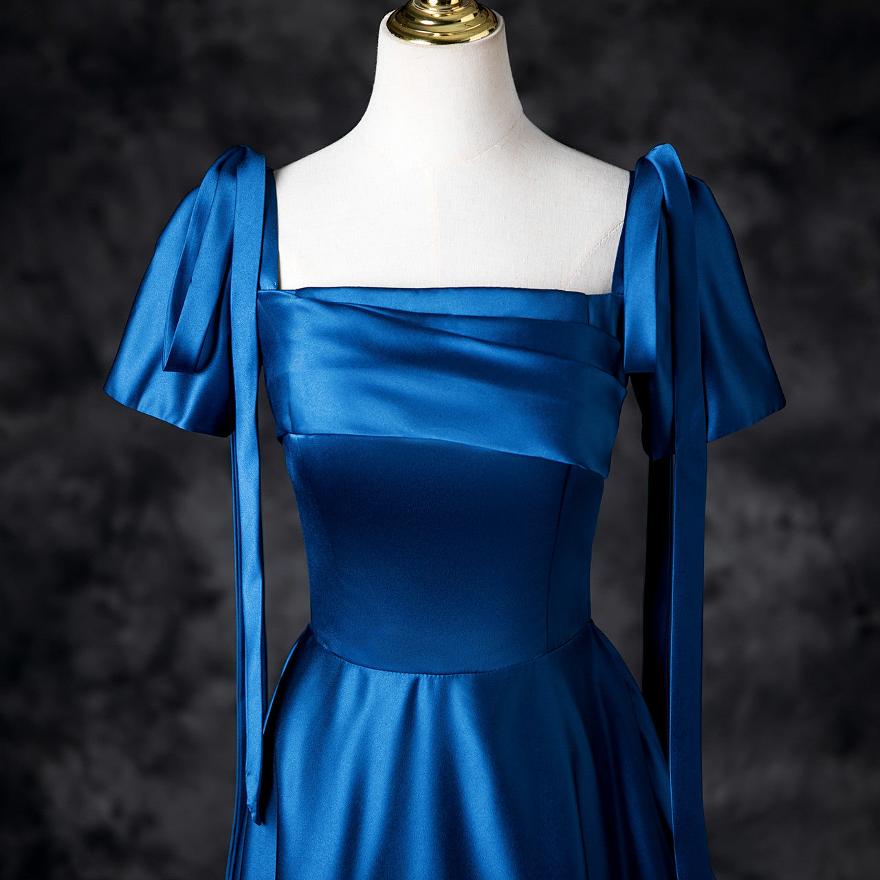 Blue Satin Square Neck A-Line Long Prom Dresses Formal Evening Gowns HZ1024
