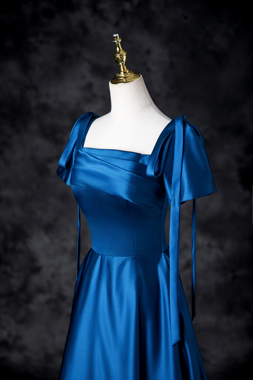Blue Satin Square Neck A-Line Long Prom Dresses Formal Evening Gowns HZ1024