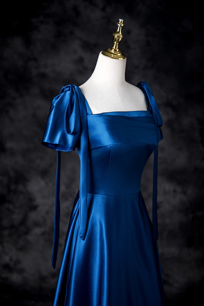 Sweet Blue Satin Square Neck A-Line Long Prom Dresses Formal Evening Gowns ED02326