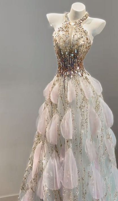 Fairytale Halter Neck A-Line Sparkling Rhinestone Tulle Long Prom Dresses Formal Evening Gowns ED02328