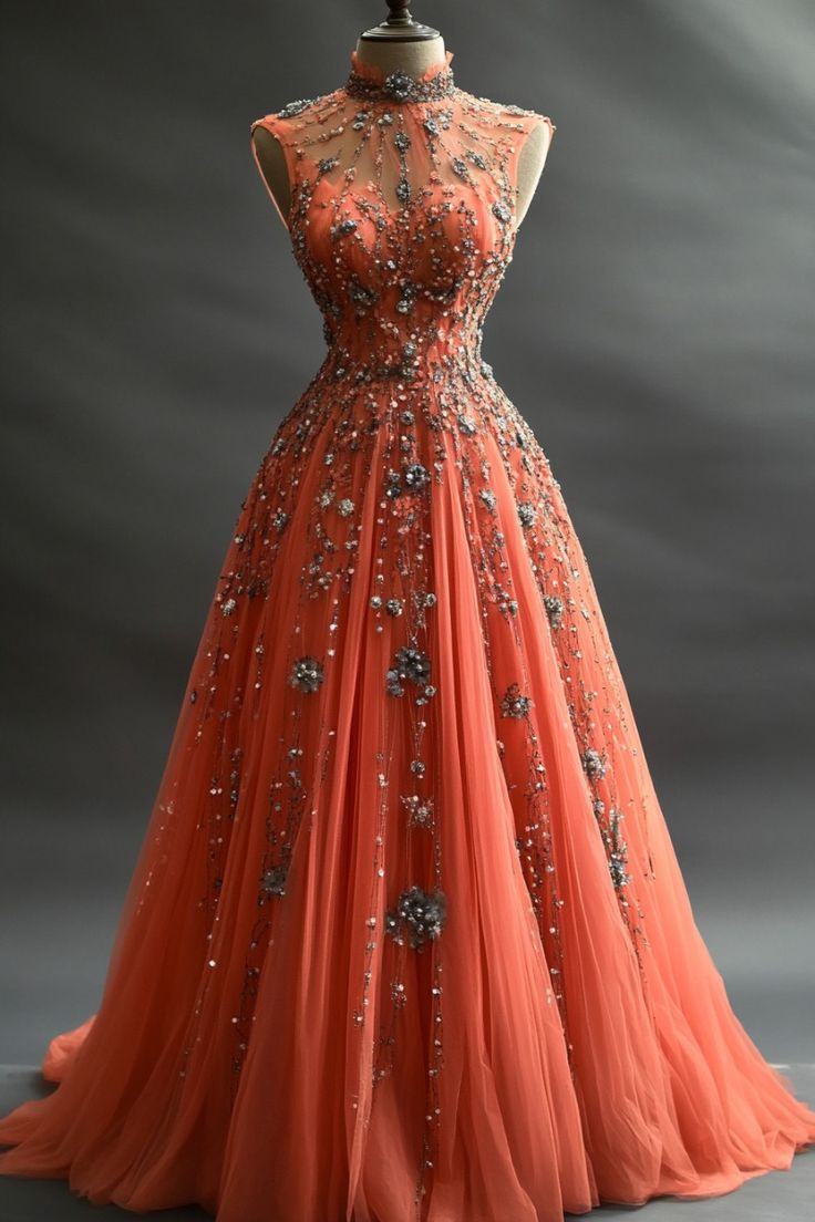 Gorgeous Deep Peach Half-Mount Neck Tulle Rhinestone A-Line Long Prom Dresses Formal Wedding Dress ED02329