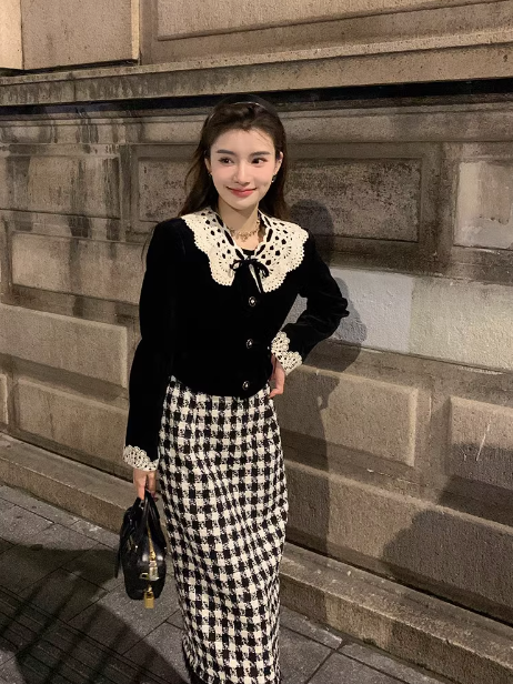 retro velvet high waist skirt suit HZ1024