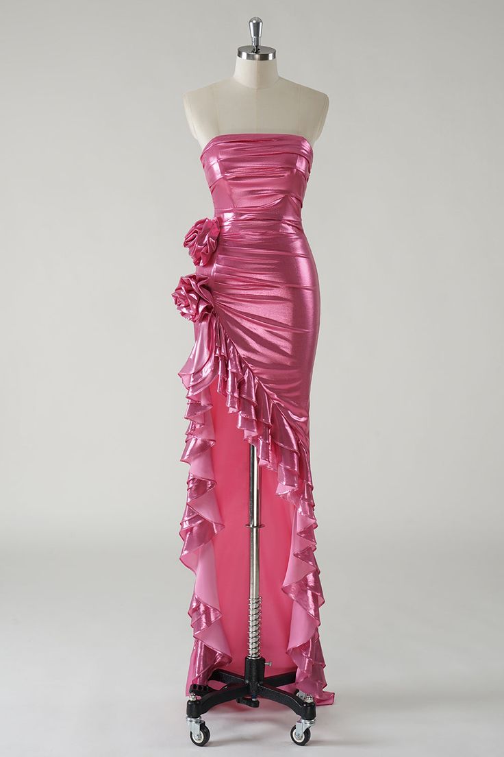 Fashion Hot Pink Strapless Satin Bodycon Ruffle Long Prom Dresses Formal Evening Gowns ED02337