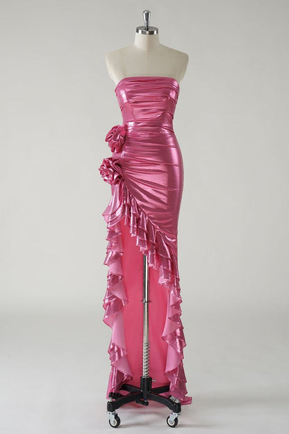 Fashion Hot Pink Strapless Satin Bodycon Ruffle Long Prom Dresses Formal Evening Gowns ED02337