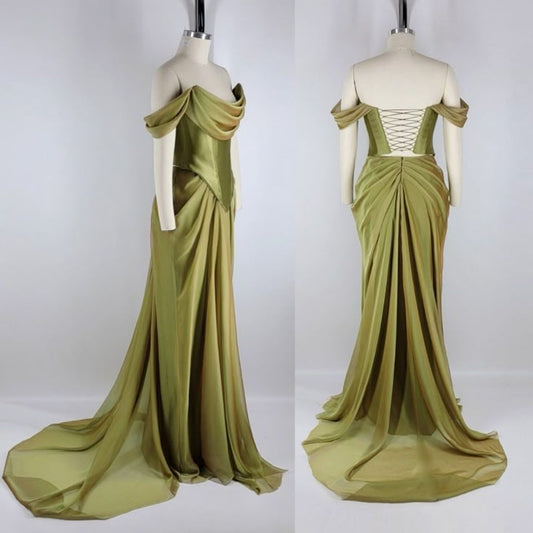 Vintage Green Off Shoulder Chiffon Satin Corset Long Prom Dresses Elegant Formal Evening Gowns ED02338