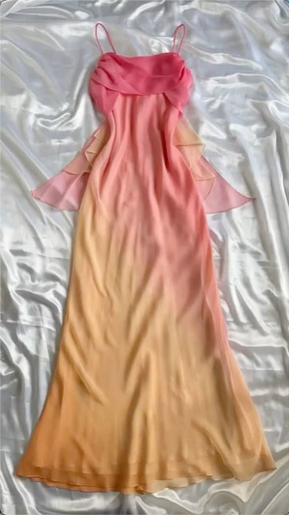 Gradient Pink  Sheath Spaghetti Straps Fairytale Chiffon Long Prom Dresses Vintage Party Dress ED02339