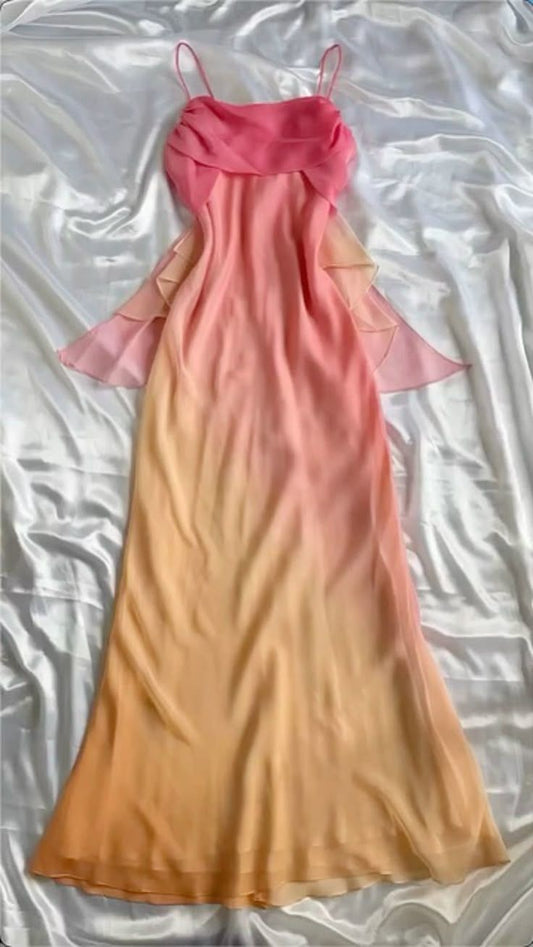 Gradient Pink  Sheath Spaghetti Straps Fairytale Chiffon Long Prom Dresses Vintage Party Dress ED02339
