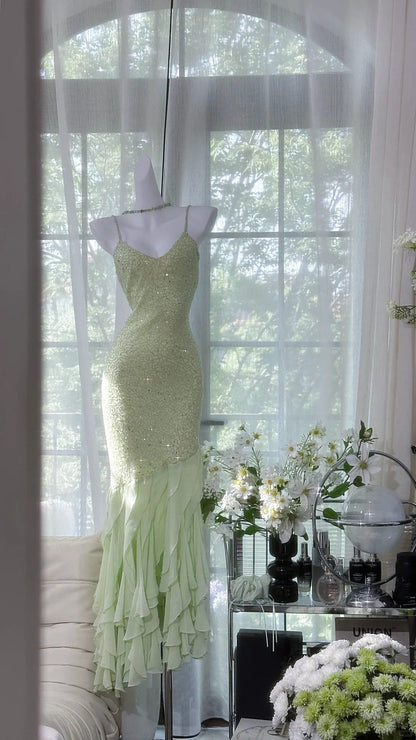 Light Sage Green Spaghetti Straps Chiffon Mermaid Sequins Long Prom Dresses Vintage Open Back Evening Gowns HZ1024